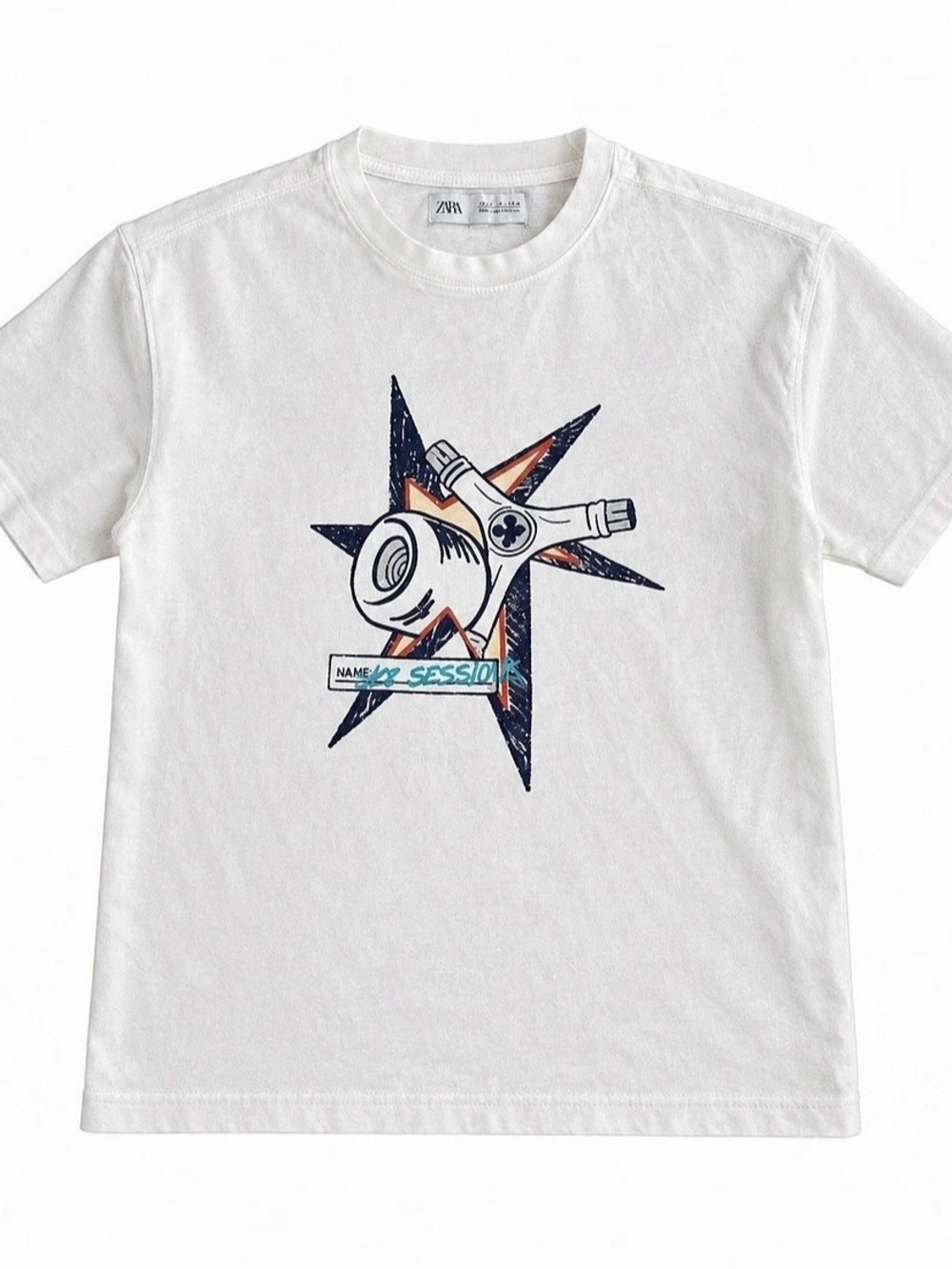Zara Skate Print T-Shirt Graphic Short Sleeve Tee White & Blue Size 11-12